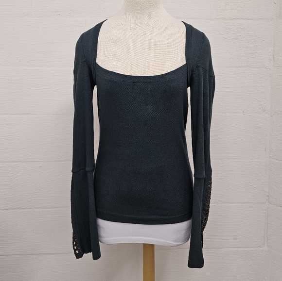 Free People A Little Unruly Square Neck Thermal in Green Gable Size Medium - Picture 4 of 10